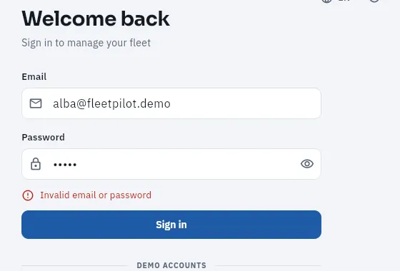 If the email or password is wrong, FleetPilot says so below the form.