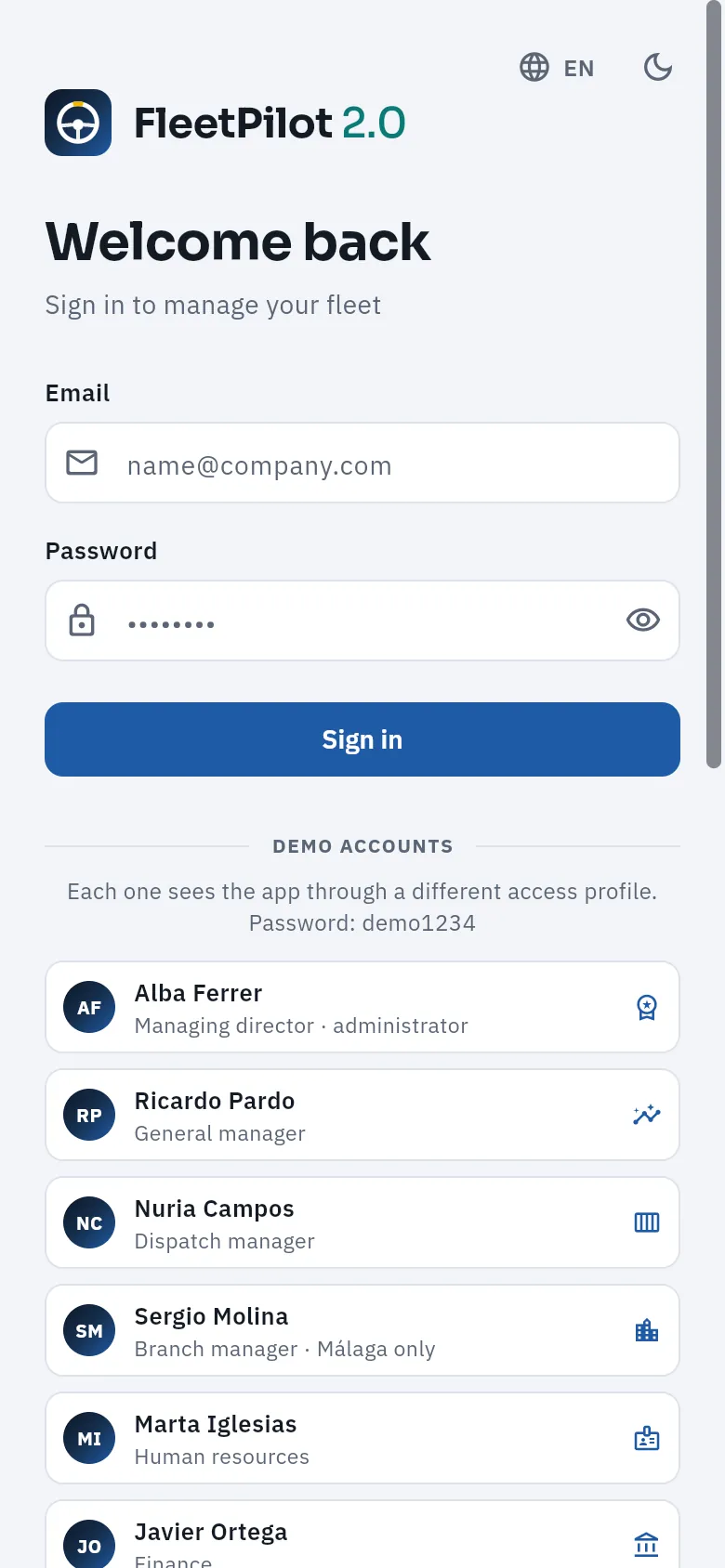 The sign-in screen on a phone: the form and, below, the demo accounts.
