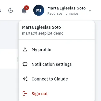 The menu of Marta, from human resources: no administration options.