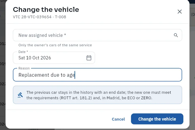 Changing the vehicle of licence 28-VTC-039654 (the form has not been saved).