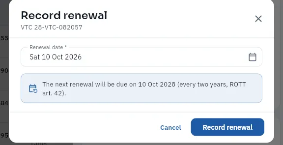 Recording the endorsement of licence 28-VTC-082057, due on 28 October (not saved).
