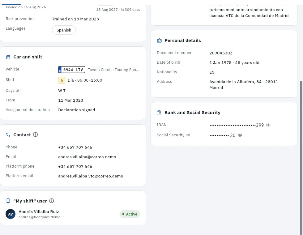 Further down, for HR: car and shift, contact, My shift user, personal and bank data.