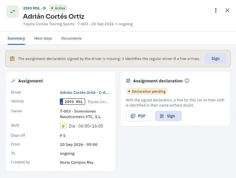 Adrián Cortés's assignment to the day shift of 2593 MSL since 20 September: the signed declaration is missing.