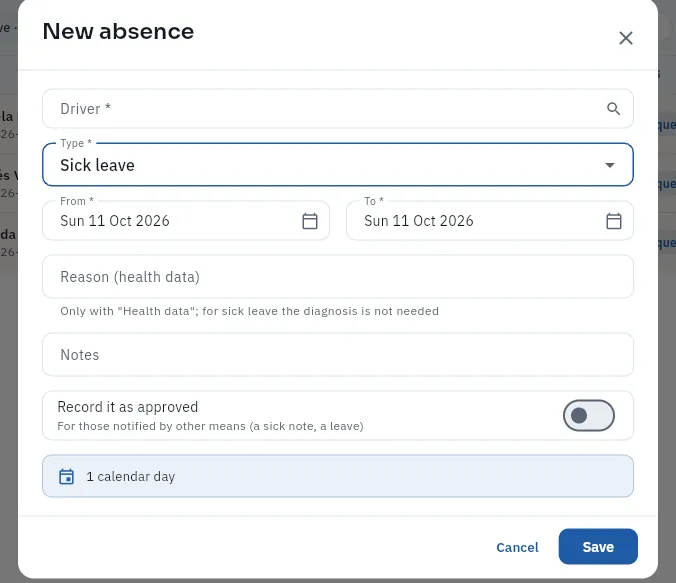 New absence recorded by Marta (HR), who does have «Health data»: sick leave (not saved).