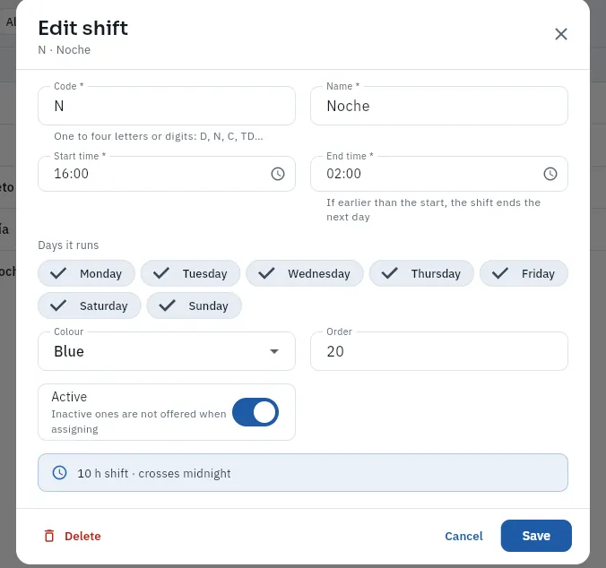 The night shift template: ten hours crossing midnight.
