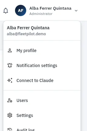 The user menu, with «Connect to Claude».
