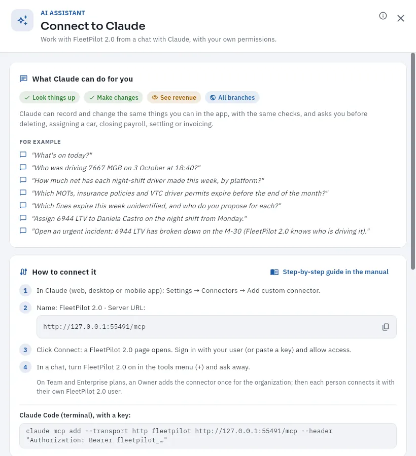 The connector page as seen by the traffic manager: what Claude can do for her and how to connect it.