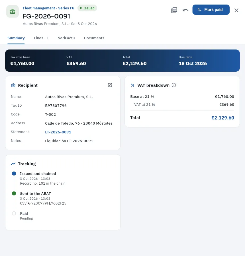 Management invoice FG-2026-0091 to Autos Rivas Premium: issued, chained and submitted (simulated).