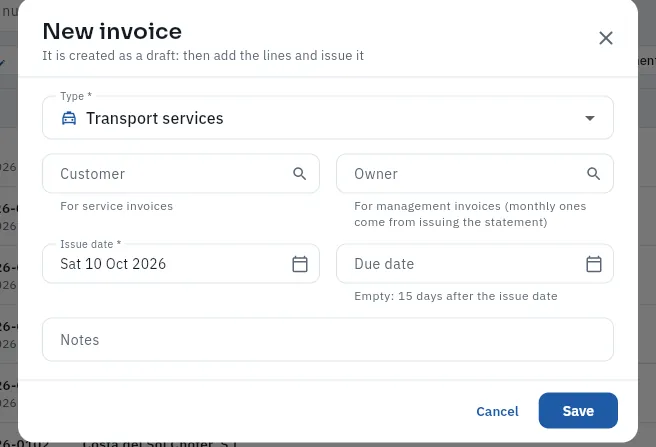 A new invoice is created as a draft (not saved).