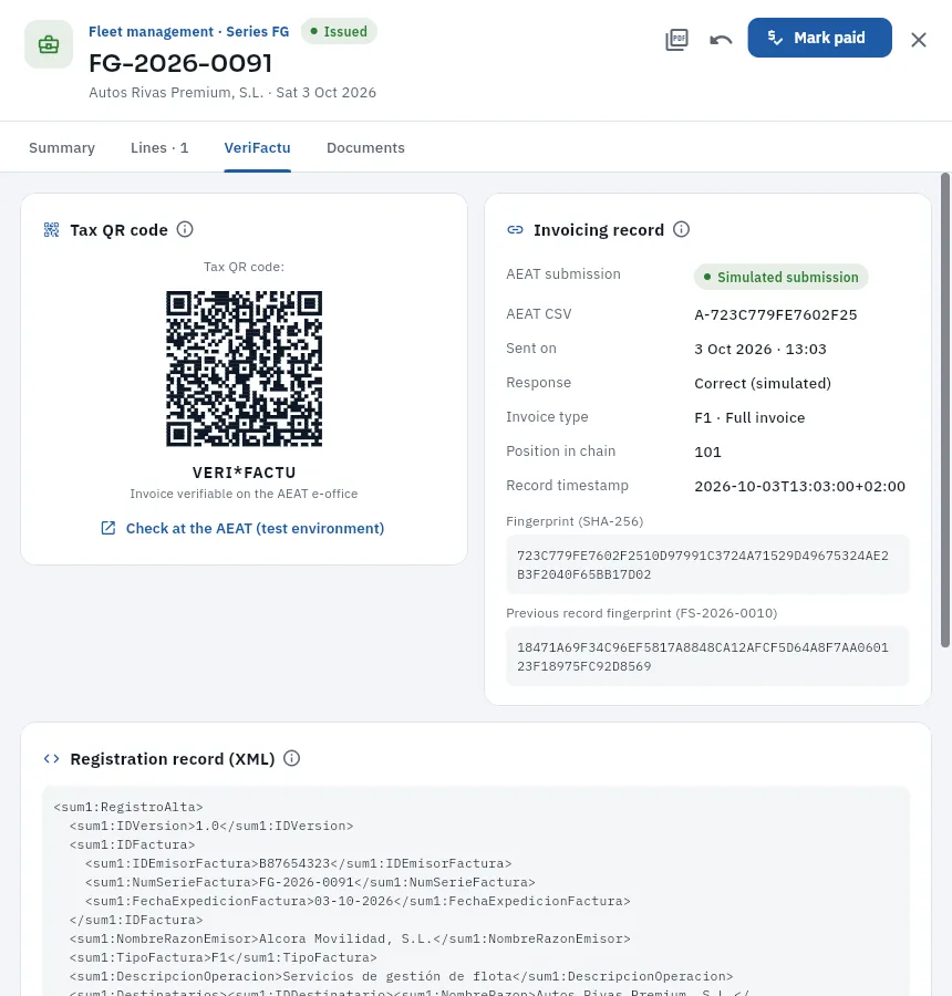 The invoice's VeriFactu tab: its QR code, its invoicing record and the registration record.