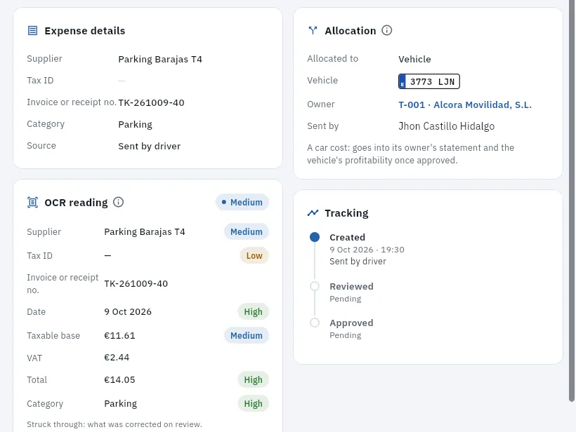The T4 parking sent by Jhon Castillo Hidalgo (C-0008) when picking up a booking: the reading and the allocation.