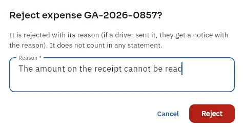 Rejecting an expense asks for the reason; the driver who sent it receives it in their notification.