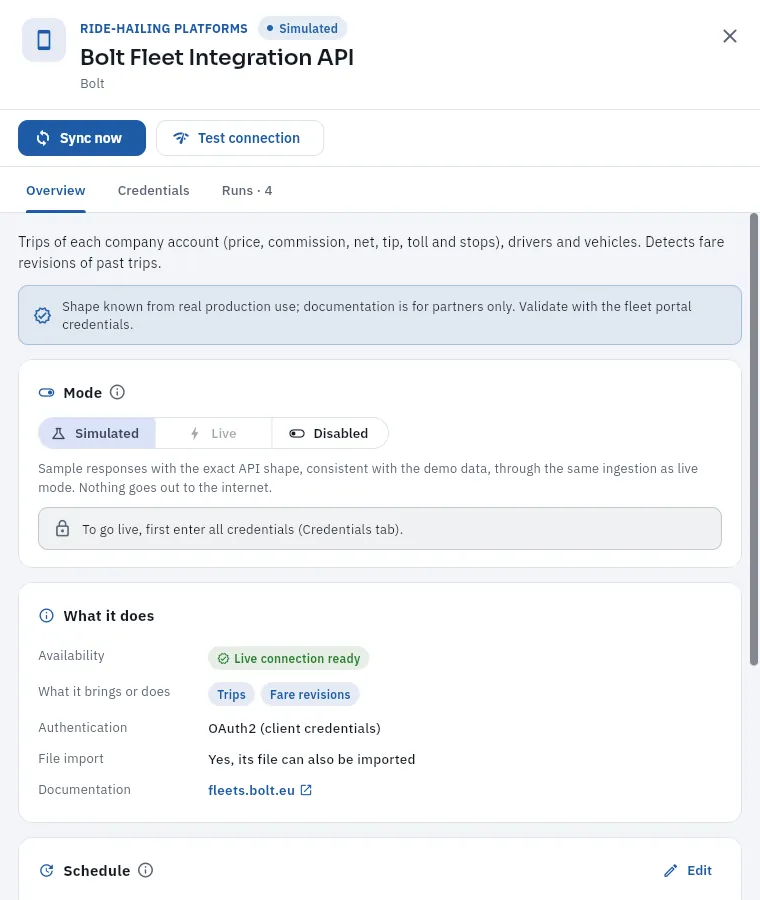 The Bolt fleet API integration, in simulated mode.