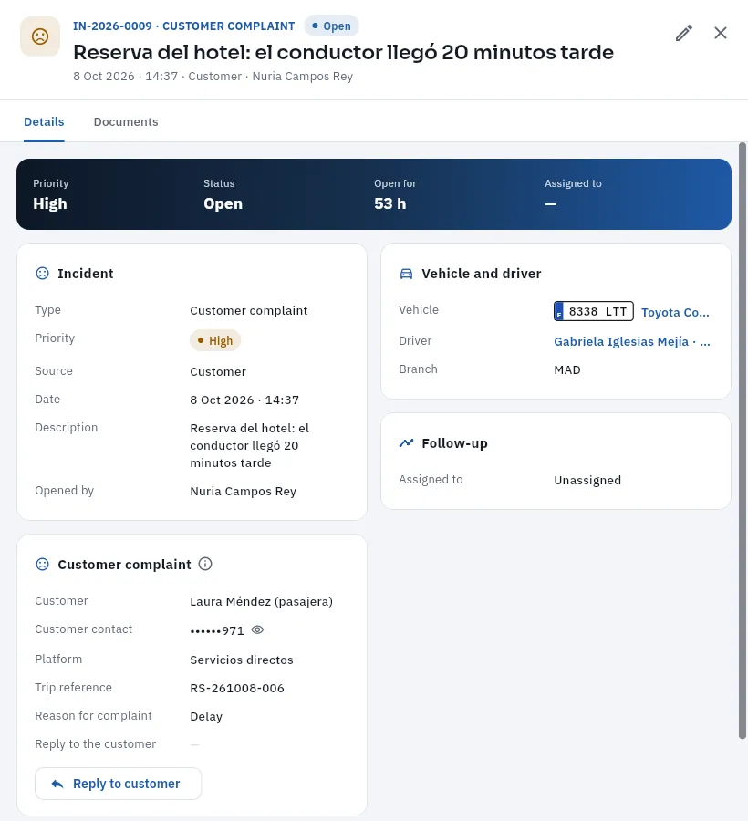 A client complaint: the driver was 20 minutes late for a hotel booking.