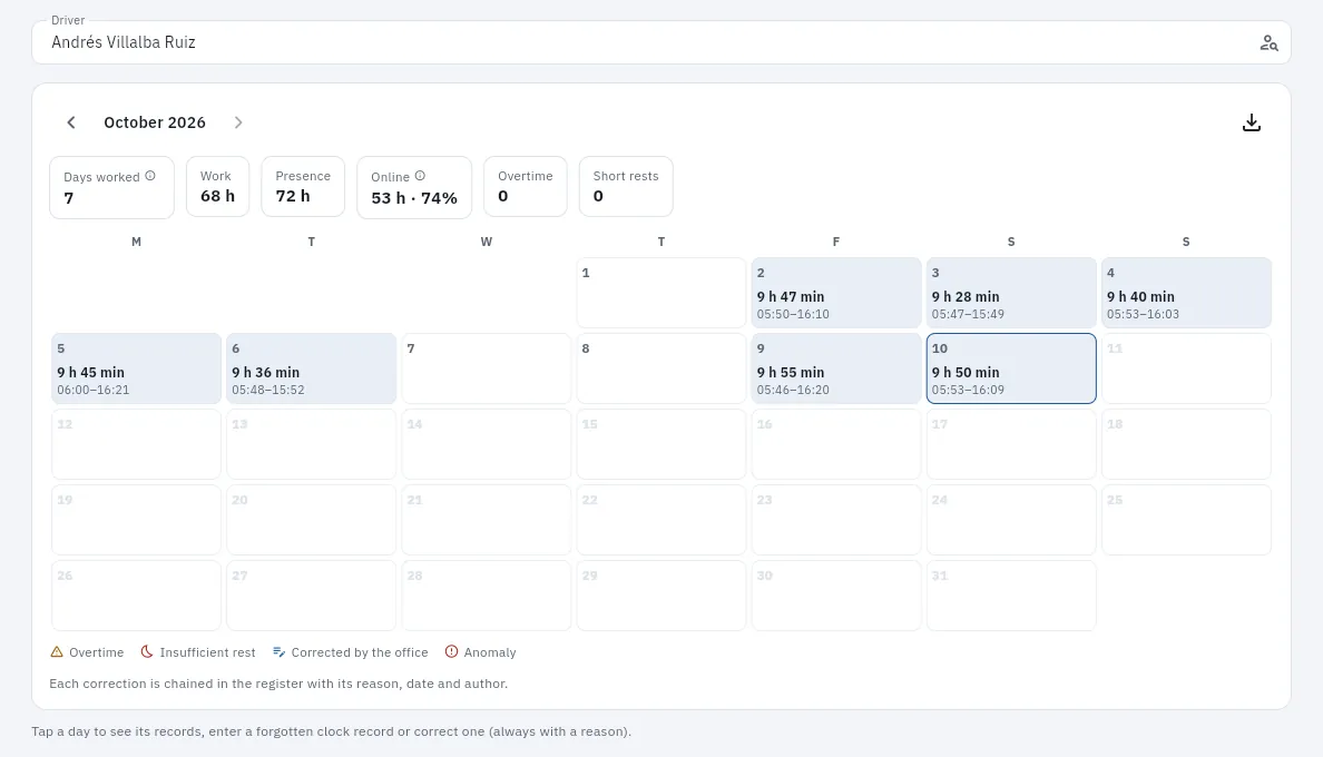 Andrés Villalba's working-time calendar for October.