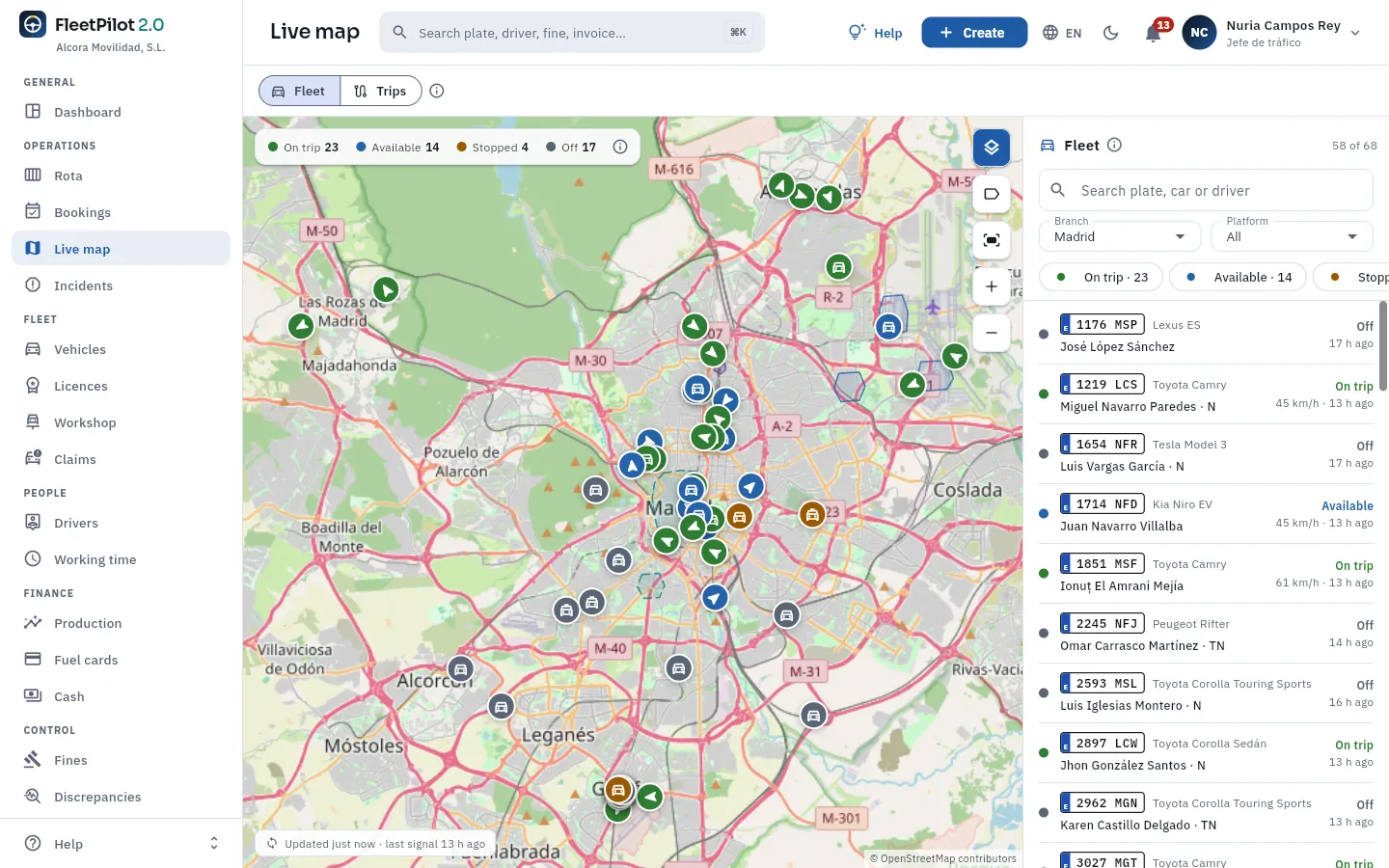 The Madrid fleet map as seen by the traffic manager.