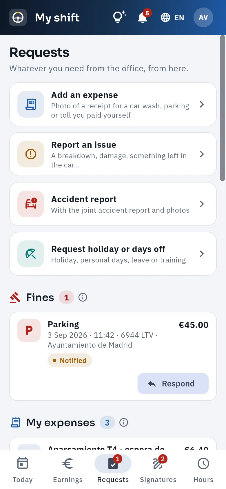 Requests: what the driver can ask for or report, and their fines.