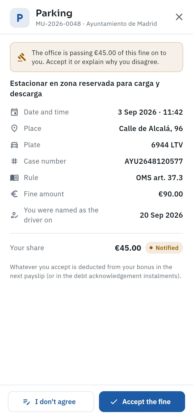Answering a fine passed on to the driver (not answered in the screenshot).