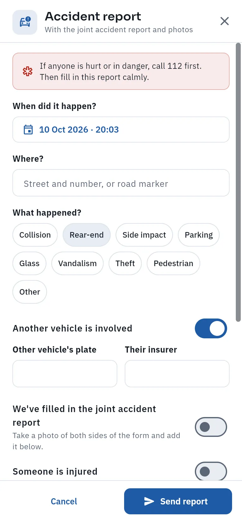The accident report: when, where, what happened and the other vehicle.