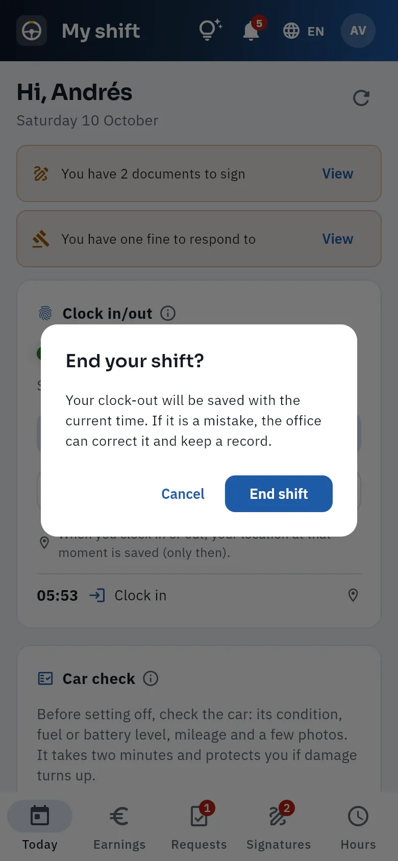 Before clocking out, FleetPilot asks for confirmation (not confirmed in the screenshot).