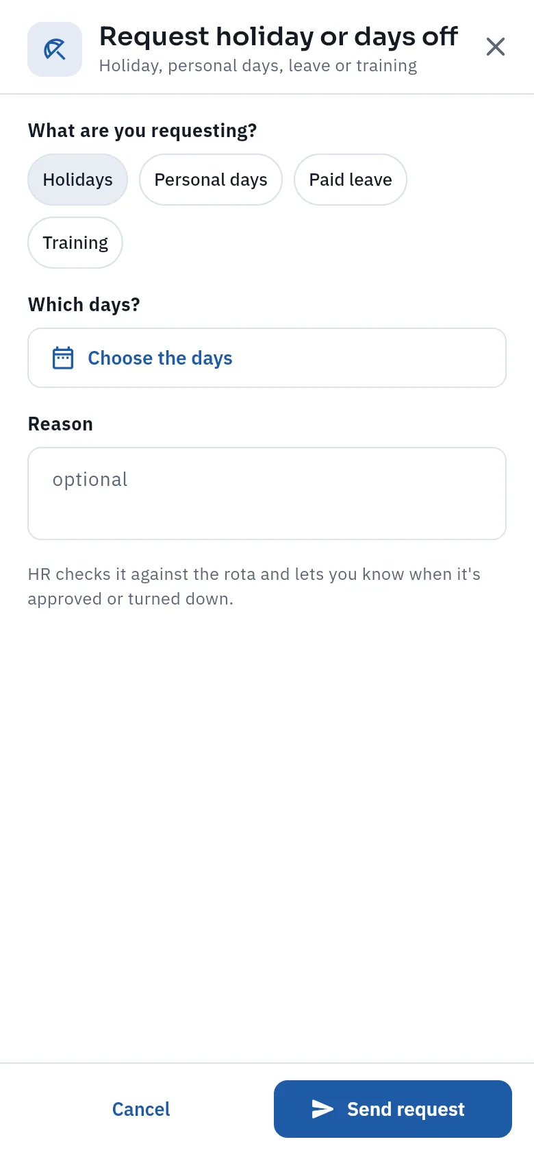 Requesting holidays, personal days, paid leave or training.