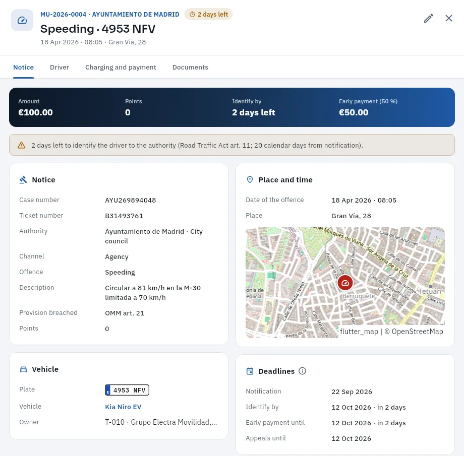 The Notice tab of MU-2026-0004: two days before the deadline to identify the driver.