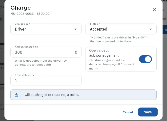 The charging form with the debt acknowledgement ticked: €300 in the chosen instalments (not saved).