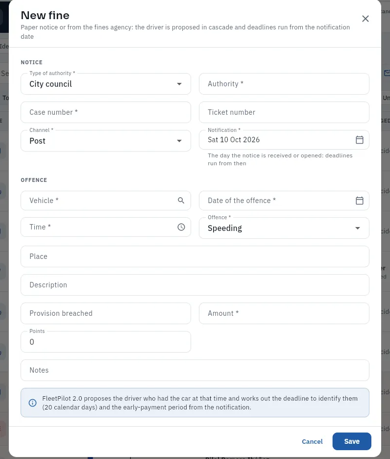 The form for a new fine: the notification and the offence (not saved).