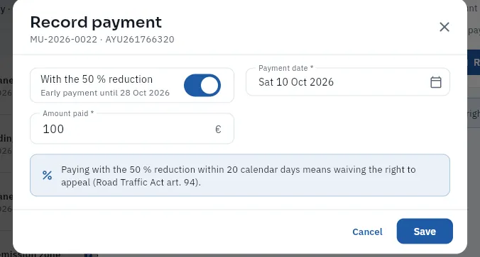 Recording the payment of MU-2026-0022 with early payment, valid until 28 October (not saved).