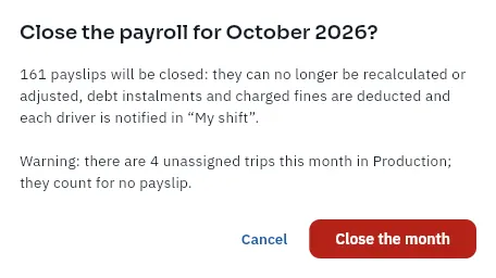 Before closing October, FleetPilot warns what will happen and what is pending (not closed).