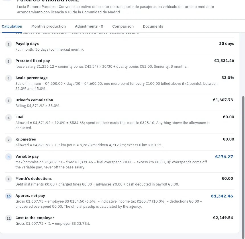 Steps 2 to 11 of Andrés's September calculation.