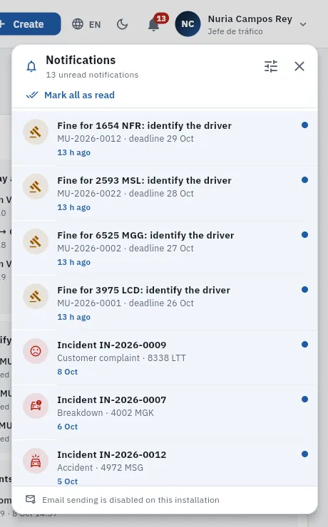 Nuria's notifications, the traffic manager: expiries, fines received, urgent incidents and serious discrepancies.