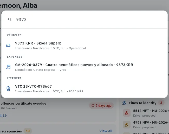 Searching for «9373»: vehicle 9373 KRR, four expenses for that car and its VTC licence.