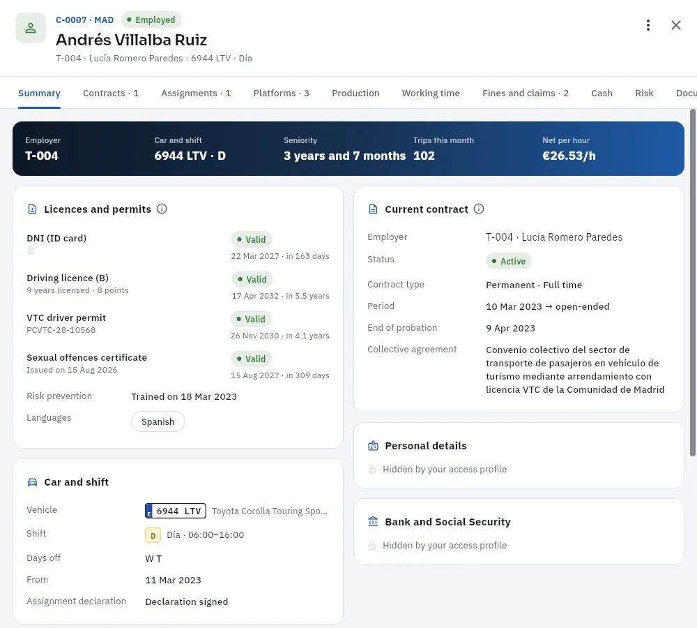 The record of driver Andrés Villalba (C-0007) as seen by Nuria, the traffic manager: without his personal or bank data.