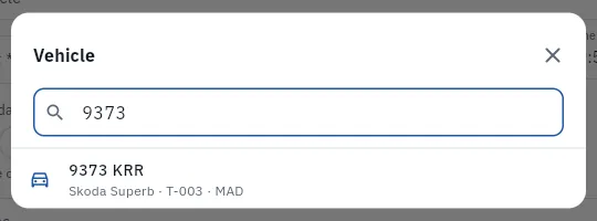 Choosing the vehicle for an assignment: the selector with its search box.
