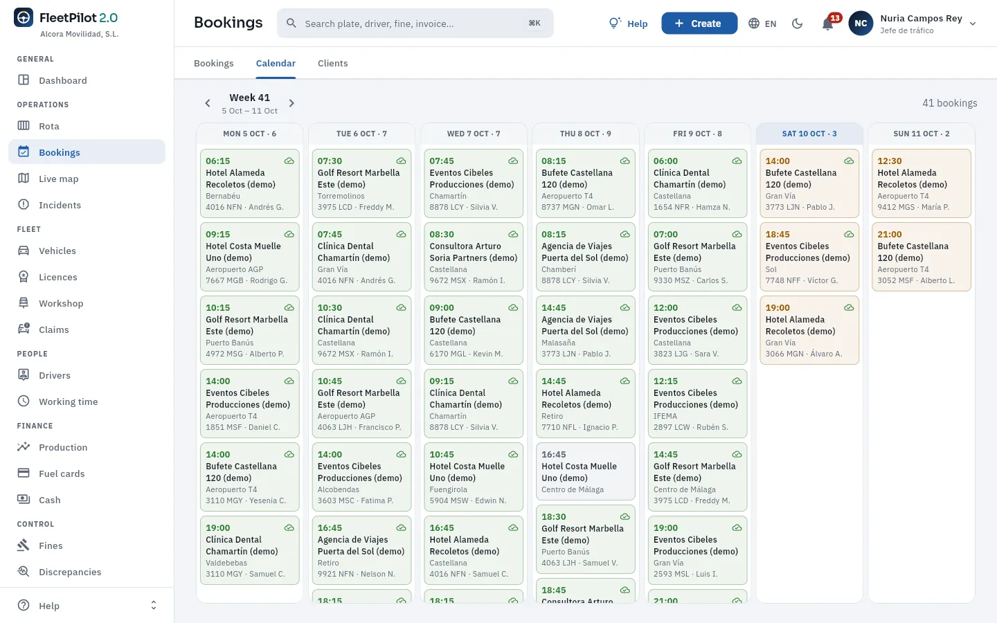 The week's calendar: each booking on its day, with the time, client, route, car and driver.