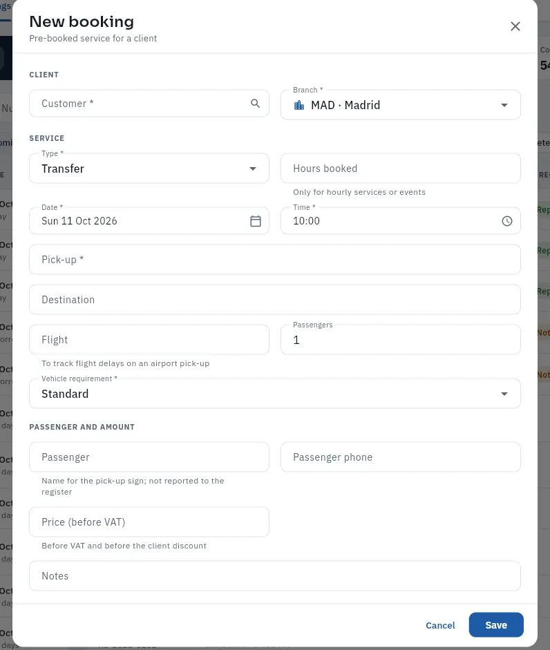 The form for a new booking (not saved).