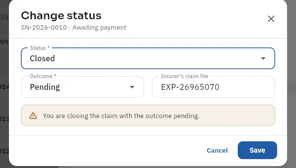 «Change status» of claim SN-2026-0010, awaiting payment, after choosing «Closed» (not saved).