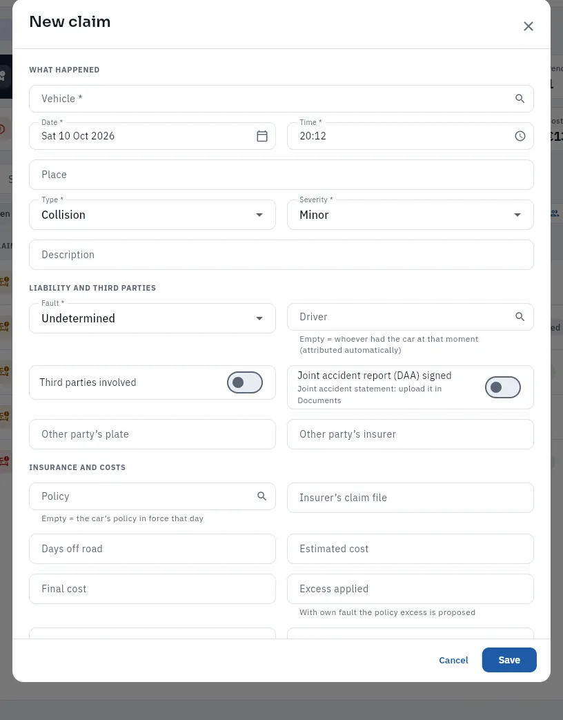 «New claim», blank (not saved). The injury fields only appear with «Health data».
