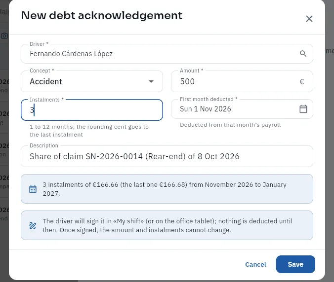 A €500 debt in 3 instalments for the driver of rear-end collision SN-2026-0014 (not saved).