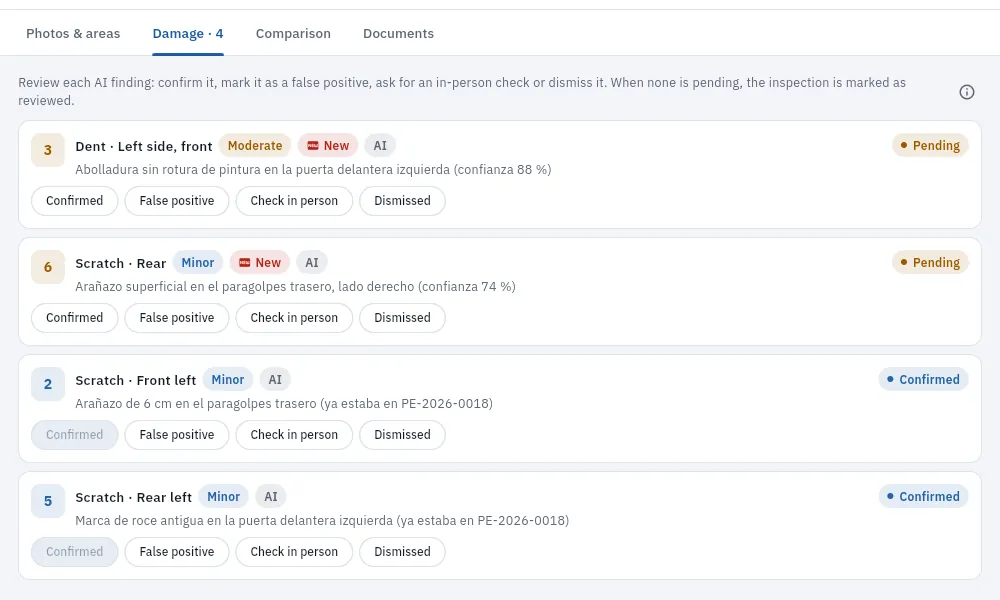 The Damage tab: first those pending review, then those that were already there.