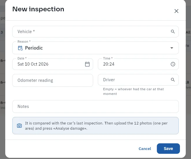 The form for a new inspection (not saved).