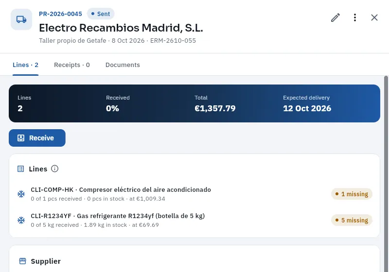 Order PR-2026-0045 to Electro Recambios Madrid, sent on the 8th: it arrives on Monday.
