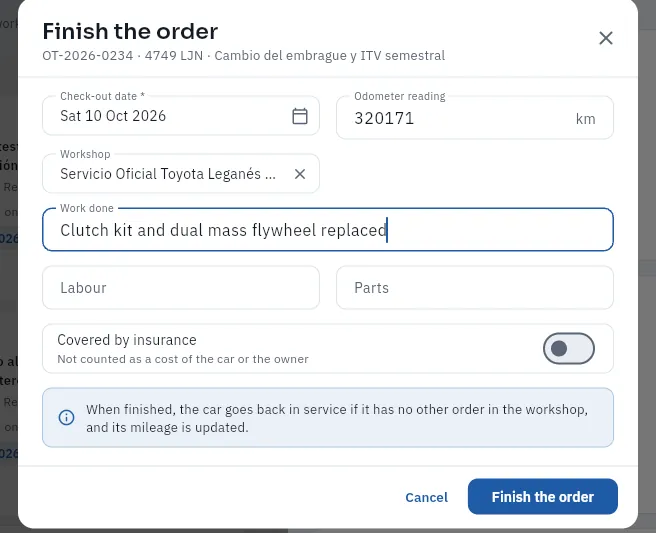 Finishing order OT-2026-0234 (the form has not been saved).