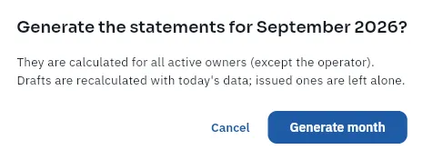 Generating a month's settlements asks for confirmation.