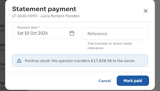 The payment of Lucía's September settlement: the fleet manager transfers the result to her.