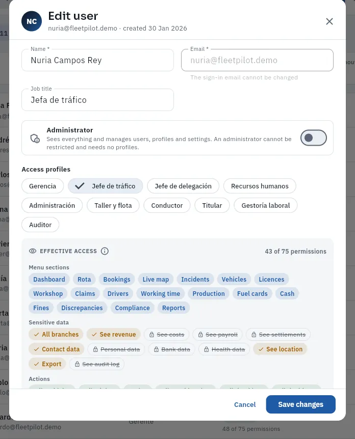 Nuria Campos's user, traffic manager, with her effective access (nothing has been saved).