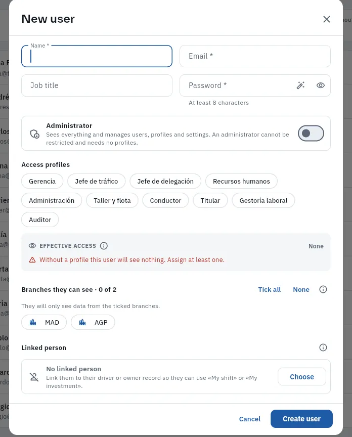 A new user: details, administrator, profiles, effective access, branches and linked person (not created).