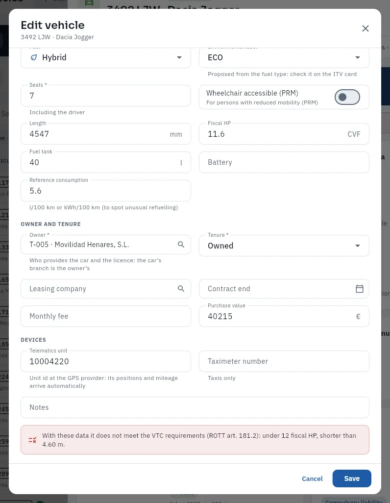 The form for Dacia Jogger 3492 LJW: with its data it does not meet the VTC requirements.