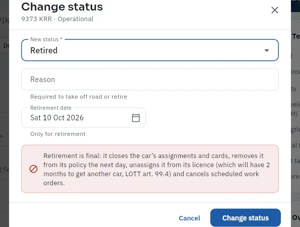 Changing the status of 9373 KRR to «Retired»: the warning explains everything retirement does (not saved).